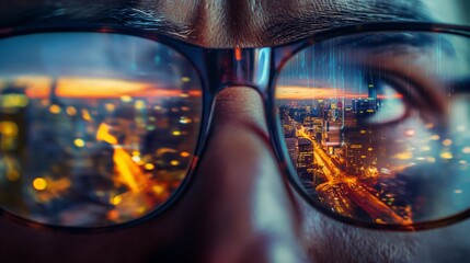 a close-up of a man with glasses reflecting the city lights and the horizon, symbolizing the foresight of events - obrazy, fototapety, plakaty