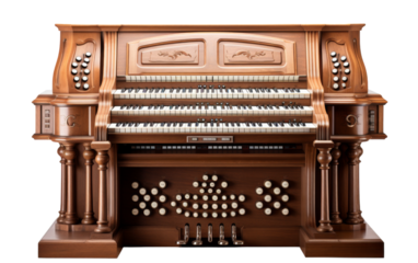 A wooden organ elegantly placed on a table, awaiting a musicians touch