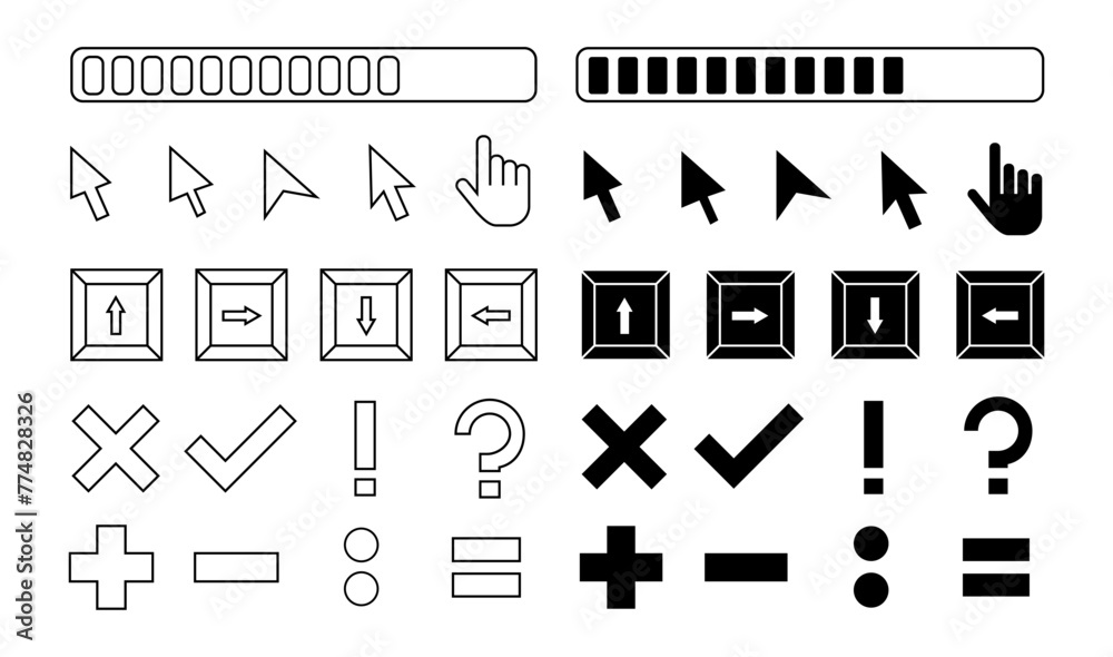 Poster retro pc buttons and interface elements, design graphics, stickers in outline and bold variants. vec