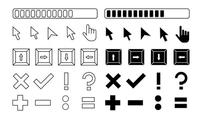 Retro pc buttons and interface elements, design graphics, stickers in outline and bold variants. Vector illustration.