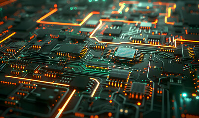 Obraz premium Intricate electronic circuit board with glowing elements, Generative AI