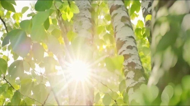 Beautiful spring Sun shine through the birch tree green leaves
