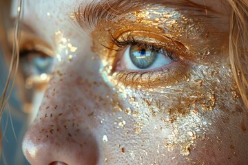 Macro shot of a woman's eye with golden makeup, highlighting the detailed beauty and creativity

