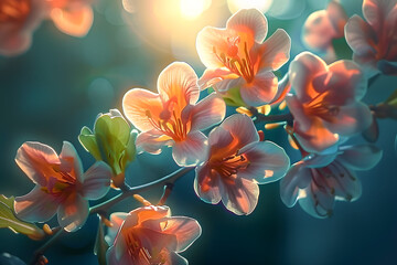 a close up of a bunch of flowers on a branch with sunlight shining through the center of the flowers and the petals of the flowers in the foreground are blurry.