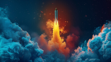 Rocket ship launching in the sky over the clouds - Powered by Adobe