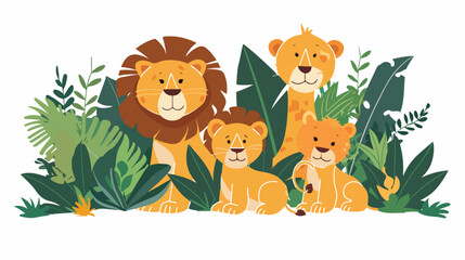 Lion family in the jungle flat vector isolated