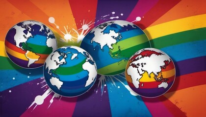 Naklejka premium Three Colorful Globes on Rainbow Background
