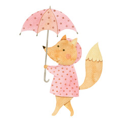 Little fox with umbrella watercolor illustration isolated on white background.