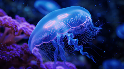 Luminescent Depths. A jellyfish with a luminescent glow is captured underwater, surrounded by the deep blue sea and coral formations.