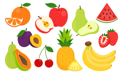 Vector fruits set isolated on white background. Apple, orange, pear, watermelon, plum, cherry, papaya, pineapple, bananas and strawberry icon. Vector illustration of summer fruits in flat style.