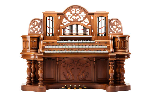 A wooden organ with intricate carvings sits elegantly on top of a vintage table in a sunlit room