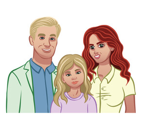 Family consisting of father, mother and daughter. Colorful portrait style linear illustration. Isolated on transparent background.