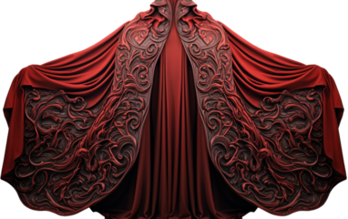 A woman in a striking red dress with a flowing long cape walks gracefully through a mysterious setting