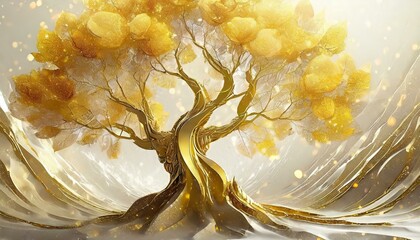 Ilustracja ze złotym drzewem - obrazy, fototapety, plakaty