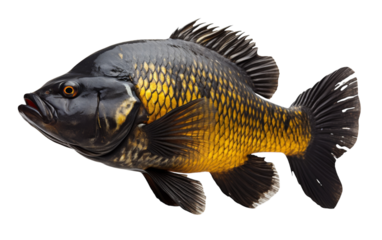 A black and yellow fish with its mouth wide open, showcasing a mesmerizing display of colors and textures