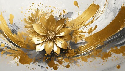 Background with gold flowers and gold paint strokes