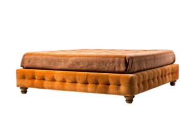 A brown ottoman elegantly perched atop a wooden frame, creating a harmonious blend of textures