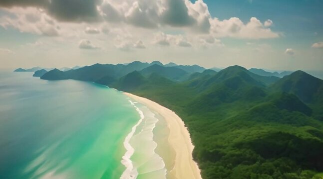 view flying over tropical blue ocean towards beautiful green mountains and white sandy beach
