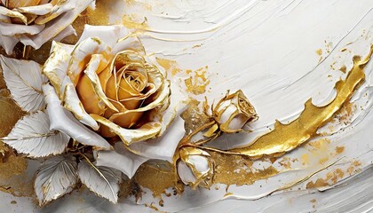 White and gold background with 3D roses covered with gold paint - 774830122