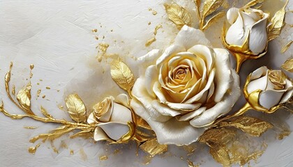 Biało-złote tło z różami 3D oblane złotą farbą - 774830143