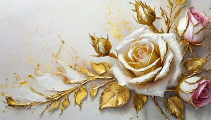Biało-złote tło z różami 3D oblane złotą farbą - 774830144