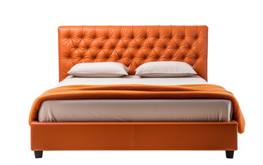 A luxurious bed featuring an orange leather headboard and foot board