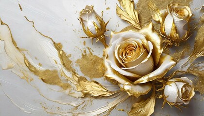 Biało-złote tło z różami 3D oblane złotą farbą - 774830165