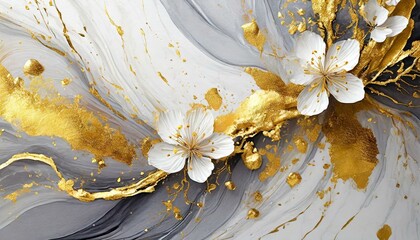 Białe tło polane złotą farbą z kwitnącymi gałązkami wiśni - 774830169