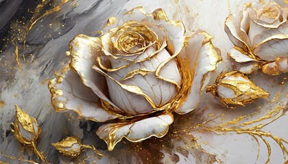 Biało-złote tło z różami 3D oblane złotą farbą - obrazy, fototapety, plakaty