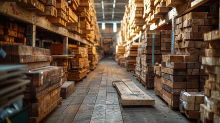 Stacks of wooden planks at the sawmill. A warehouse for storing boards at a sawmill . Lumber in stock