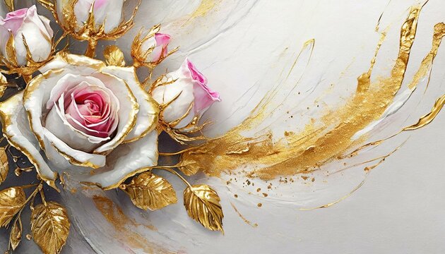 White and gold background with 3D roses covered with gold paint