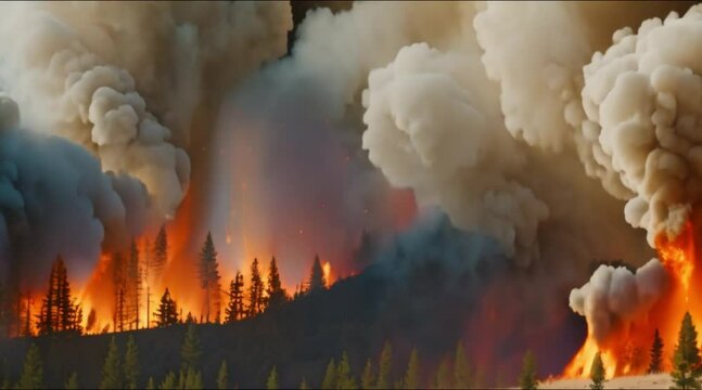 Large forest fire burns the tree covered side of a mountain
