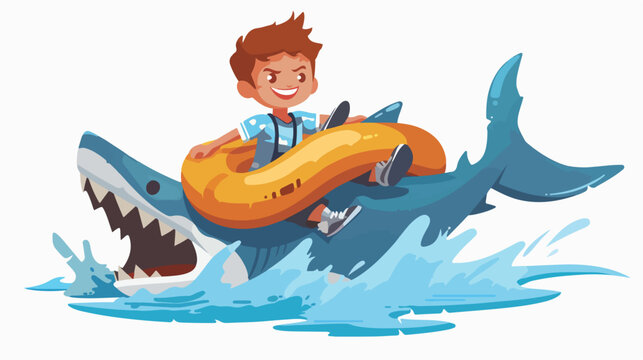 Little boy riding a inflatable shark flat vect