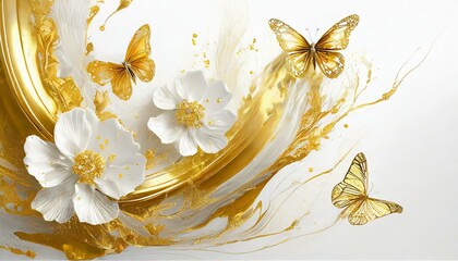 White and gold background with butterflies and flowers - 774830317