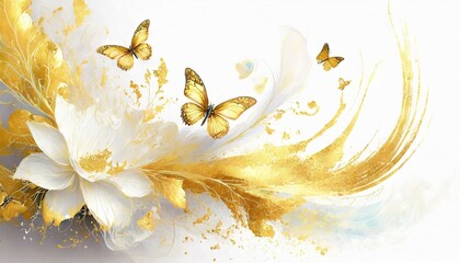 Biało złote tło z motylami i kwiatami - obrazy, fototapety, plakaty
