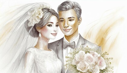 Portrait of a young couple. Drawing, sketch, watercolor with golden elements. Invitation or wedding card - 774830369