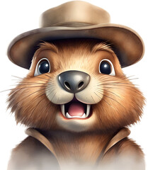 Watercolor painting of a cute beaver in cartoon style. - obrazy, fototapety, plakaty