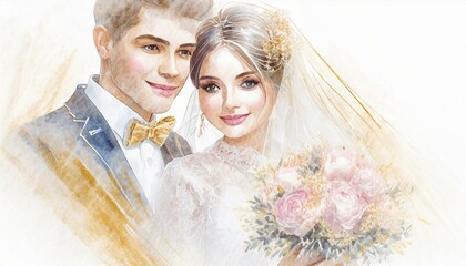 Portrait of a young couple. Drawing, sketch, watercolor with golden elements. Invitation or wedding card - 774830391