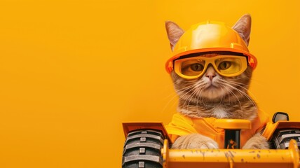 Cat wearing construction helmet and goggles sits on toy bulldozer against yellow background - obrazy, fototapety, plakaty
