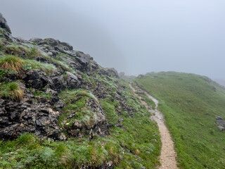 The Berchtesgaden green walking paths during spring with fog and dark cloud weather conditions