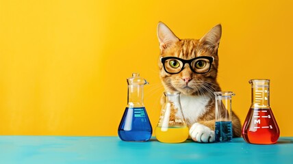 Cat with glasses sits behind colorful liquid-filled flasks on yellow background, resembling scientist - obrazy, fototapety, plakaty