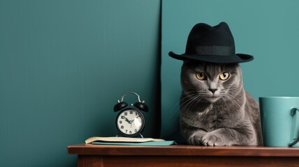Grey cat with black fedora hat sitting next to clock and blue mug on wooden surface against teal wall - obrazy, fototapety, plakaty
