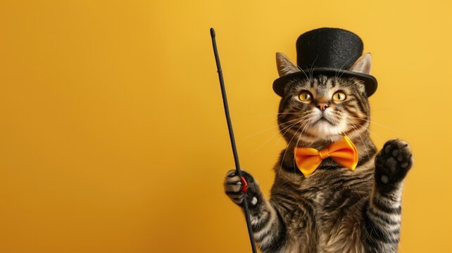 Domestic cat wearing top hat and bow tie, holding conductor's baton