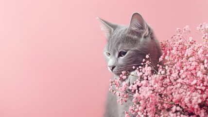 Grey cat beside pink flowers against soft background