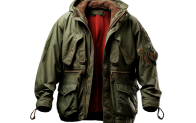 A green jacket draped over a vibrant red shirt underneath, creating a striking contrast of colors