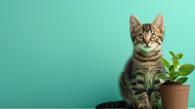 Tabby kitten sits next to potted plant with teal background