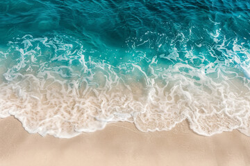 Fototapeta na wymiar Aerial Shot, Landscape of blue ocean at seashore, tropical beach, white clean sand, ripple white wave foam, no people