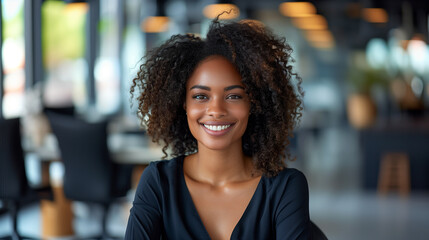 Young african american business woman smiling closeup portrait blur office background - obrazy, fototapety, plakaty