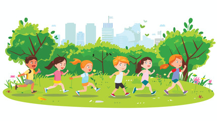 Obraz na płótnie Canvas Little kids exercising in green city park flat