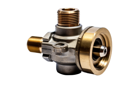 A gleaming brass plated valve set against a pristine white background